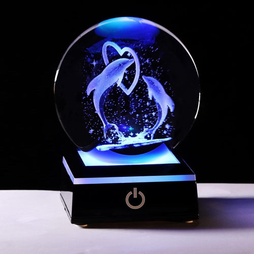 3D Crystal Dolphin LED Light Globe 80mm Glass Ornament Romantic Ocean Gift Decor