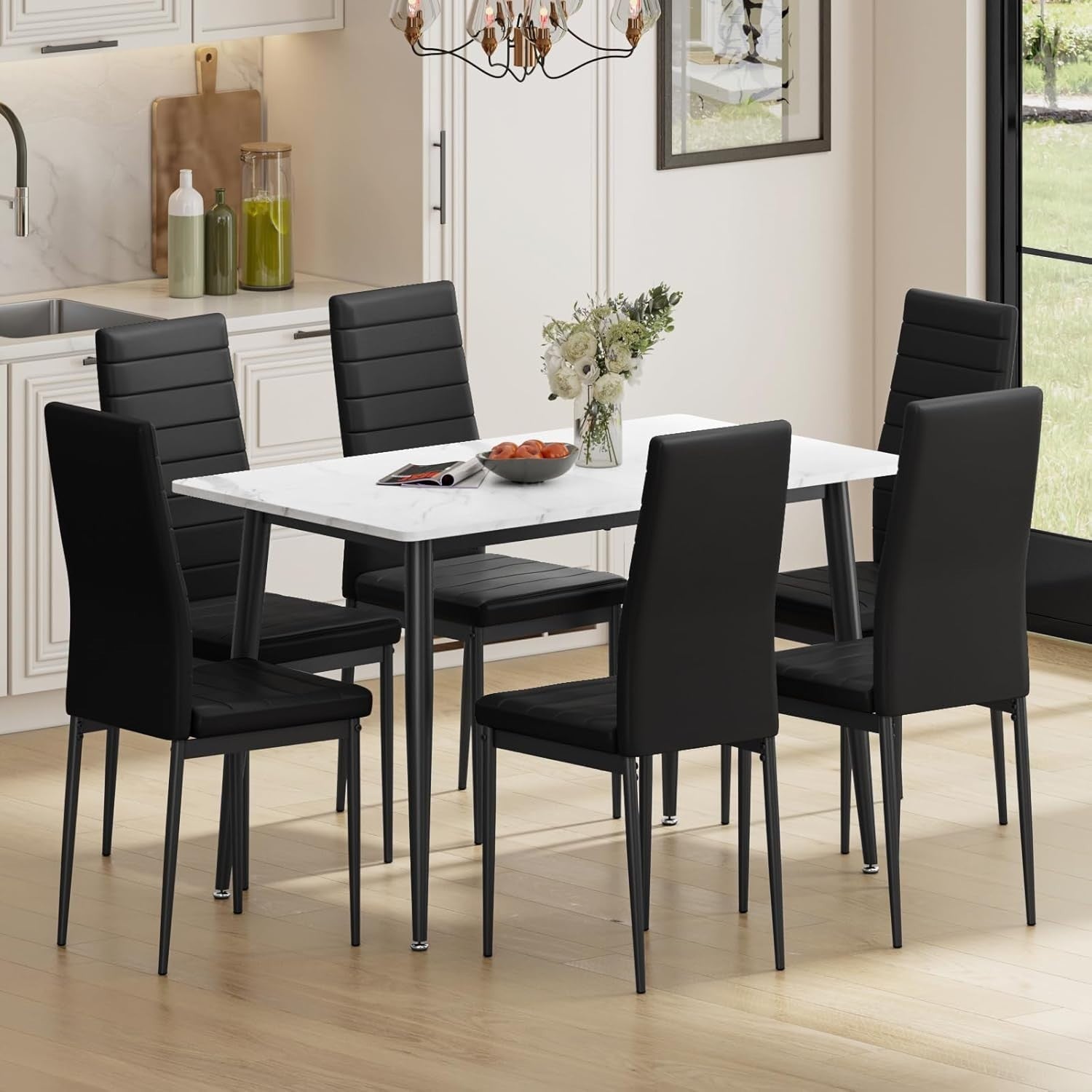 6 Seater Marble Dining Table Set Faux Leather Chairs Modern Kitchen