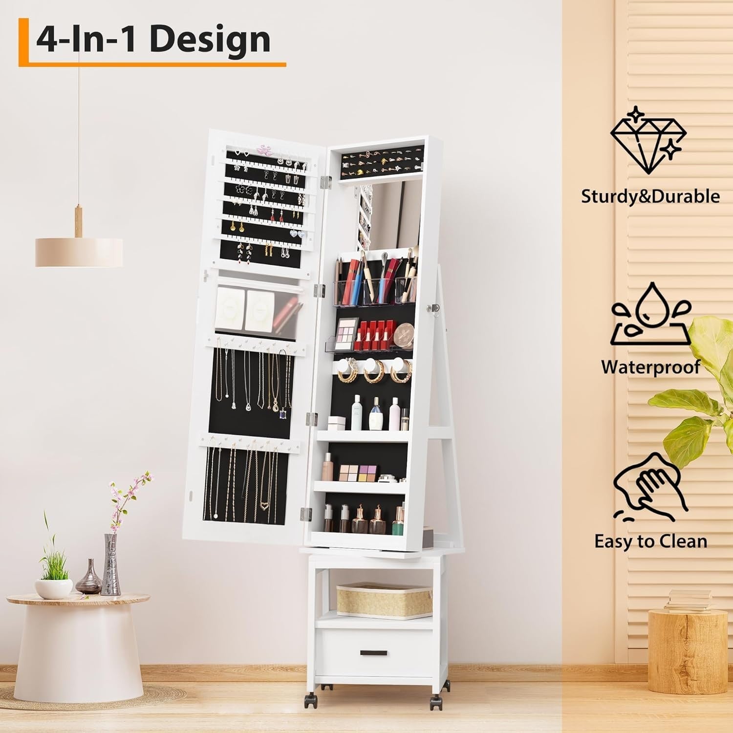 White 4 in 1 Rotating Jewellery Cabinet Full Length Mirror with Wheels