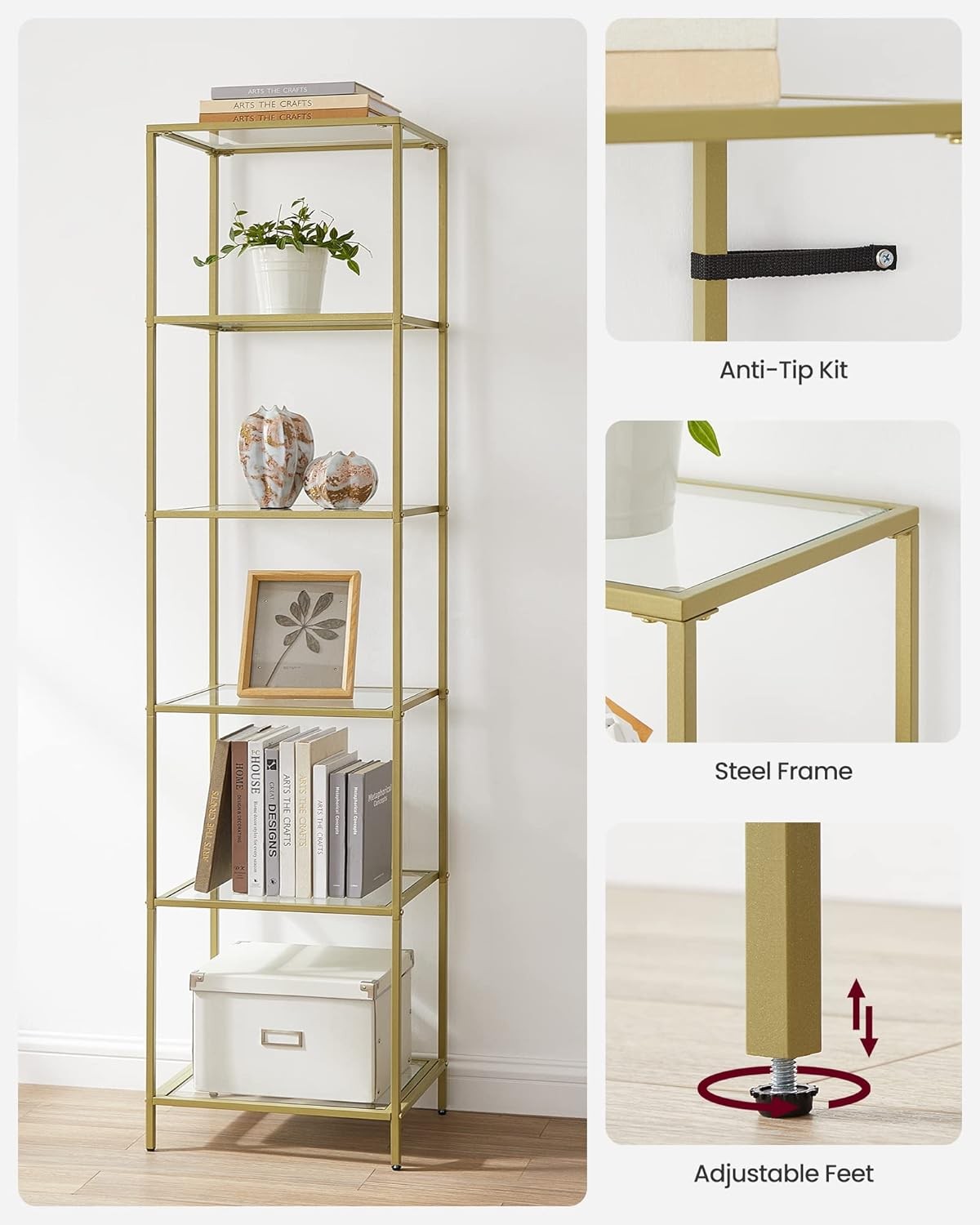 6-Tier Gold Glass Shelf Unit | Tall Luxury Display Rack for Living Room Office