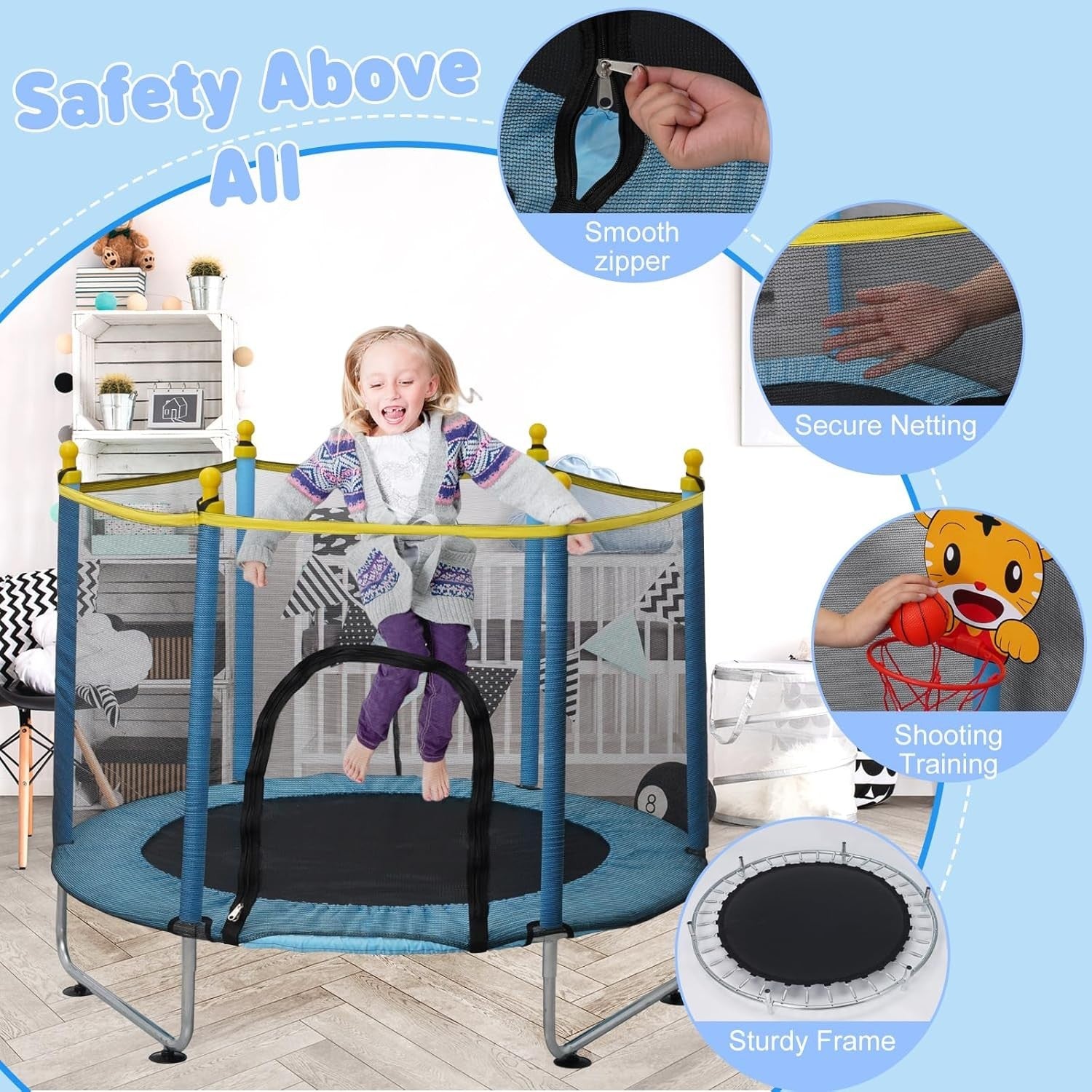Kids Indoor Outdoor Trampoline with Safety Net & Basketball Hoop 55in