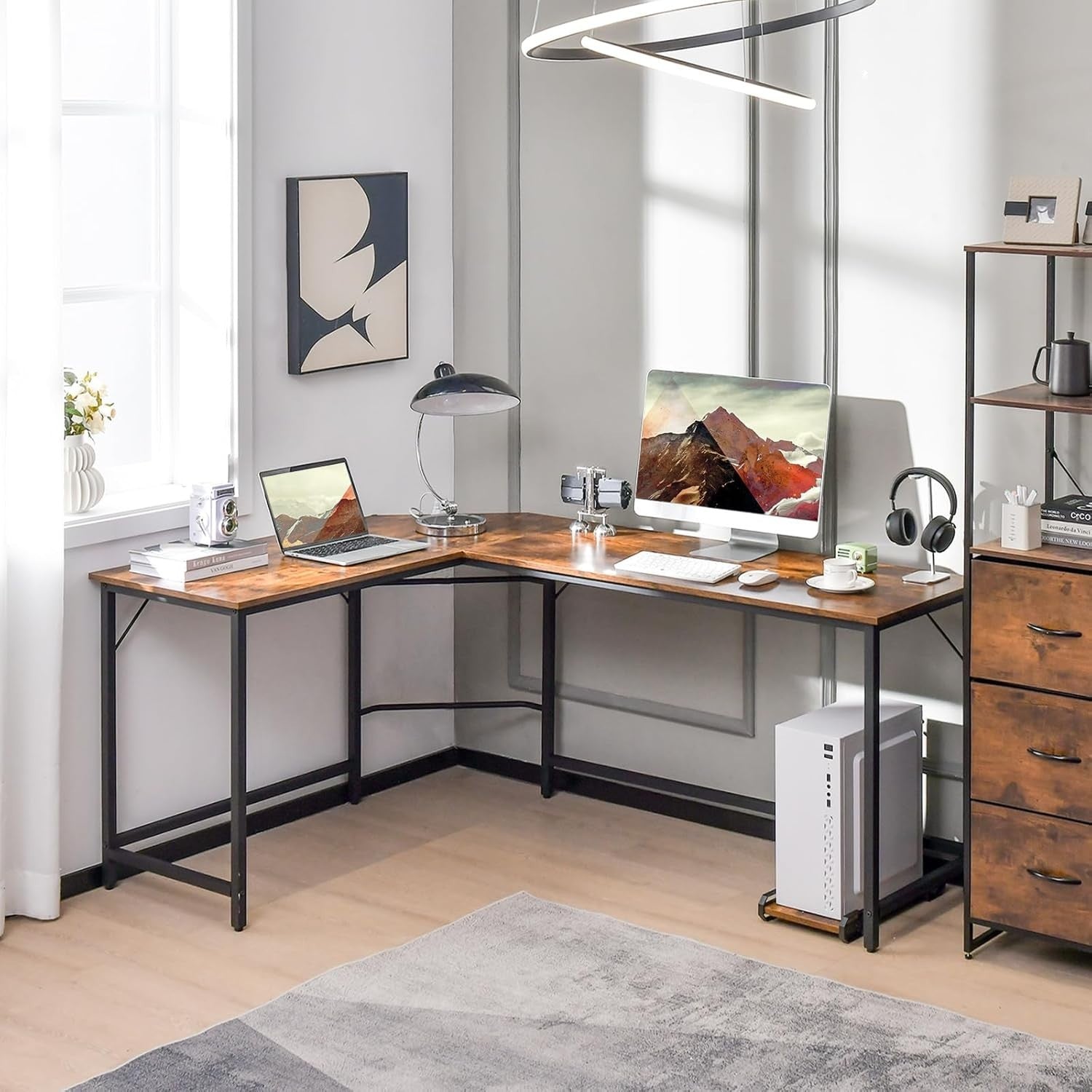 Rustic Brown L-Shaped Desk 168cm Corner Computer Table with CPU Stand