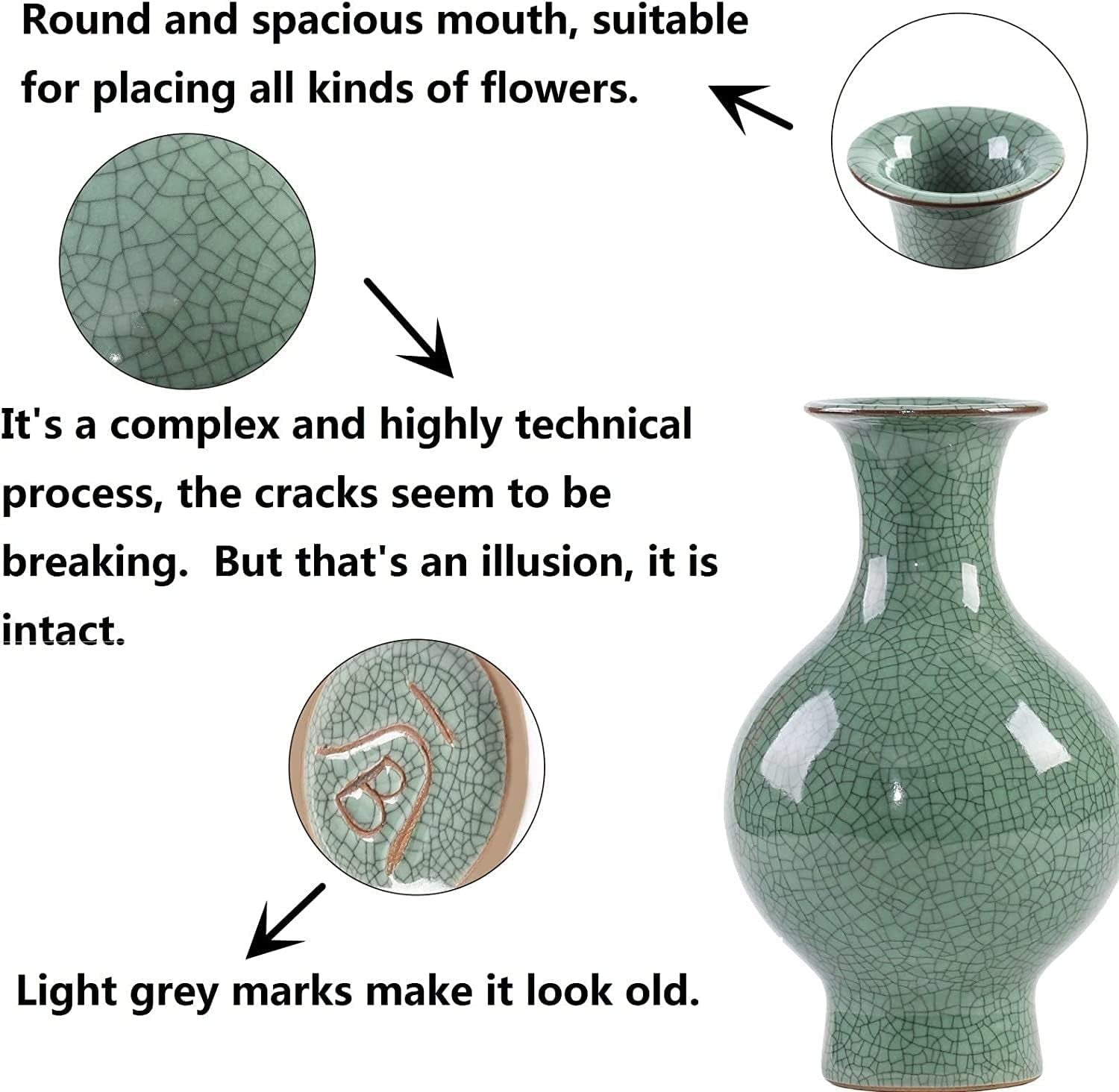 Chinese Ceramic Crackle Glaze Vase Green Antique Style Home Decor 28.5cm