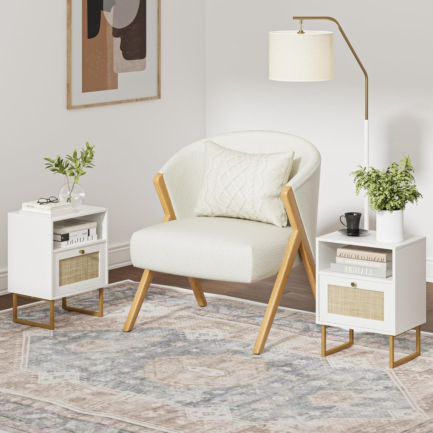 Modern Rattan Bedside Table with Drawer & Shelf – Boho White Wood Nightstand