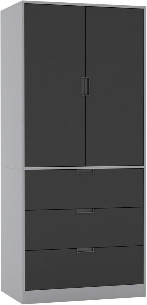 Tall Black 2 Door Wardrobe with Drawers & Rail Modern Bedroom Storage