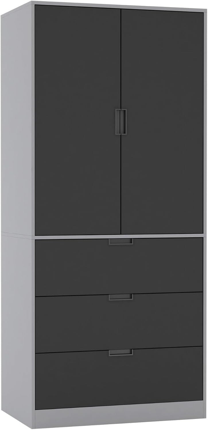 Tall Black 2 Door Wardrobe with Drawers & Rail Modern Bedroom Storage