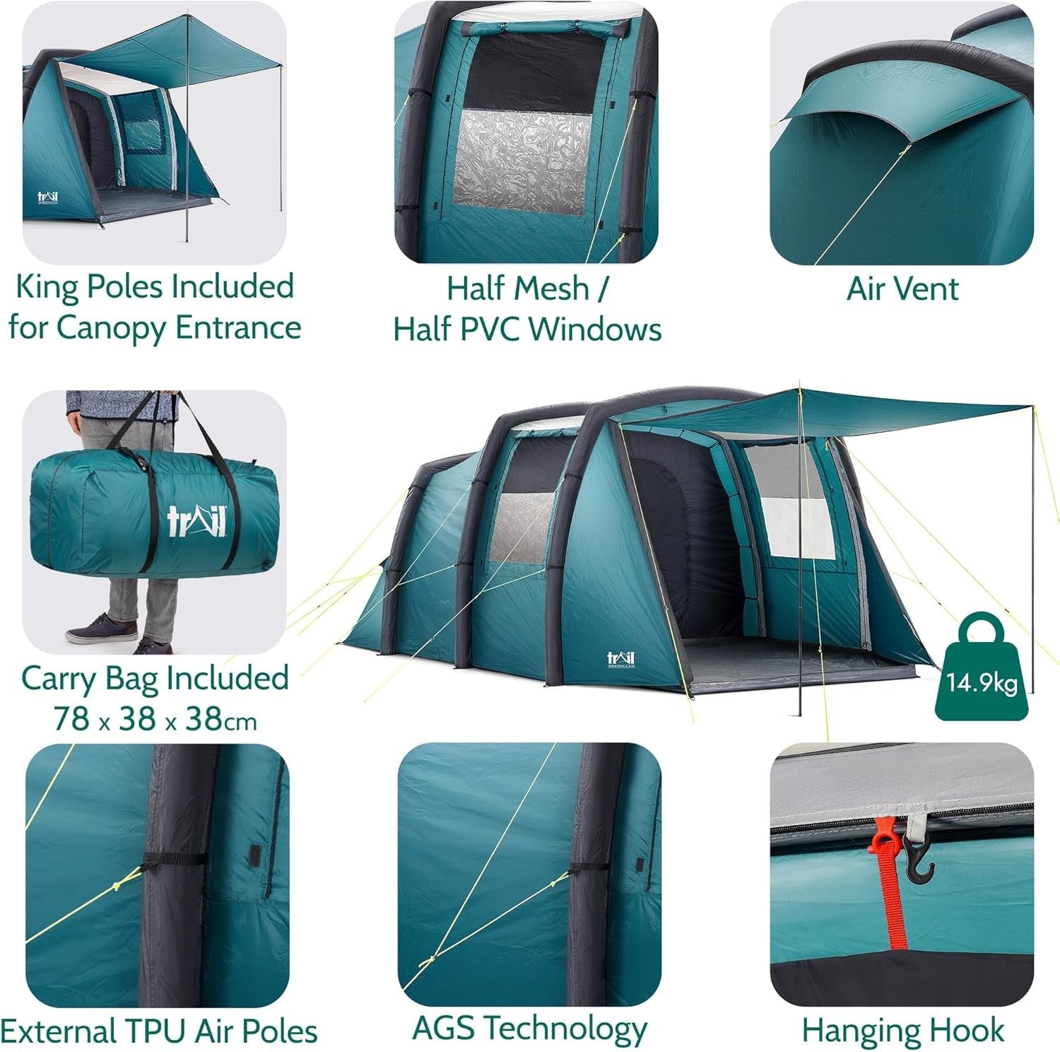 4 Man Inflatable Air Tent 5000mm Waterproof Tunnel Dark Zone