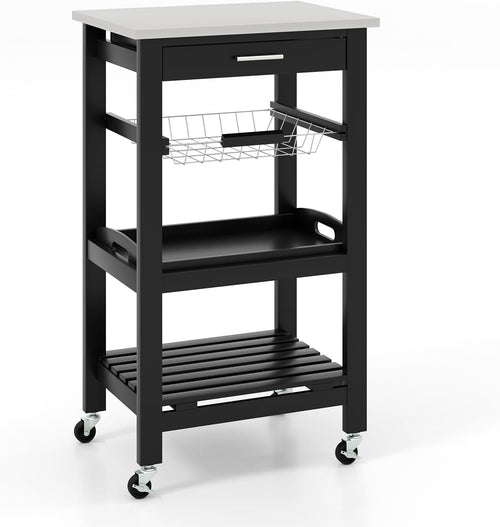 4 Tier Kitchen Storage Trolley on Wheels with Drawer Wire Basket & Shelves