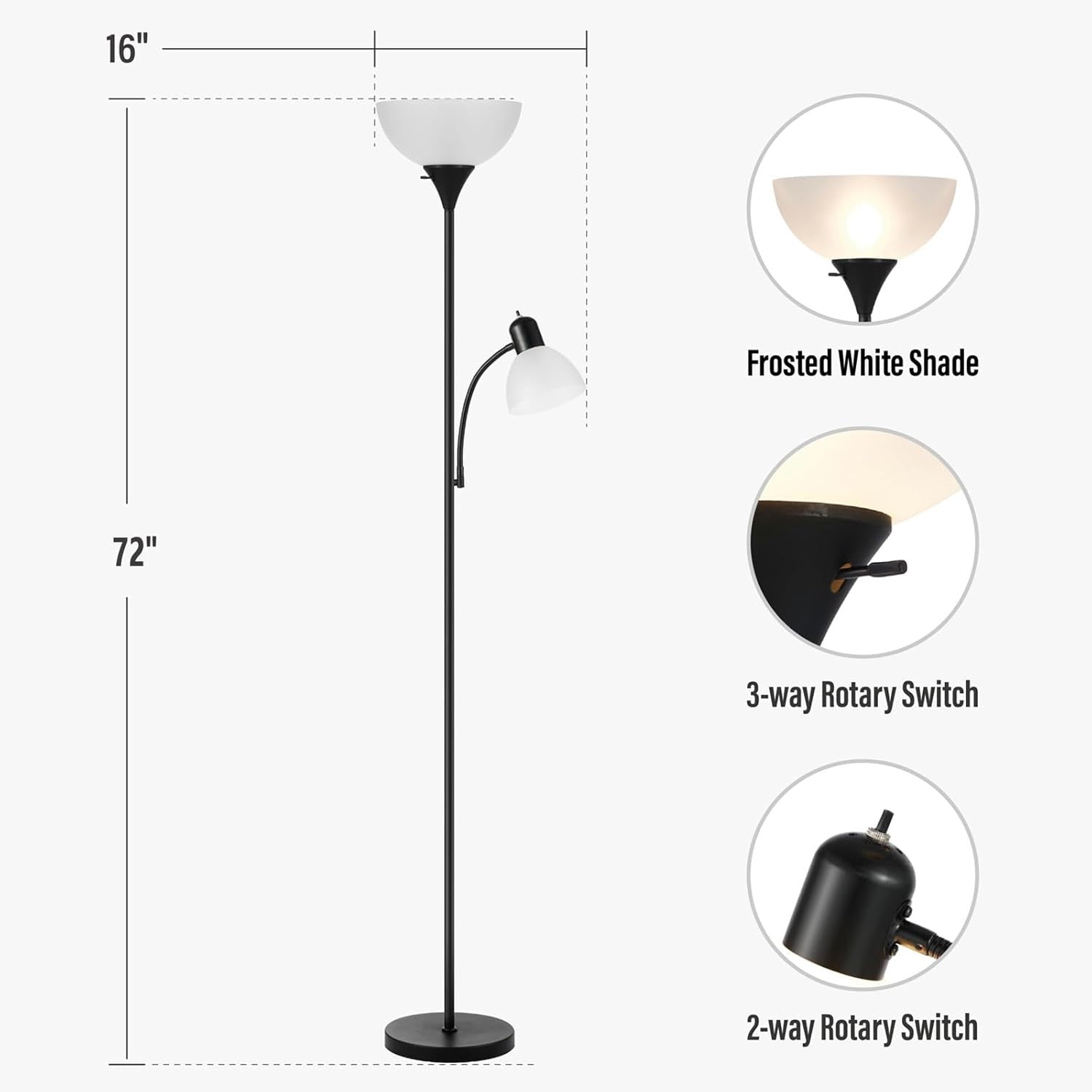 2 Head Floor Lamp with Reading Light Black White Shade Tall Standing Lamp 68"