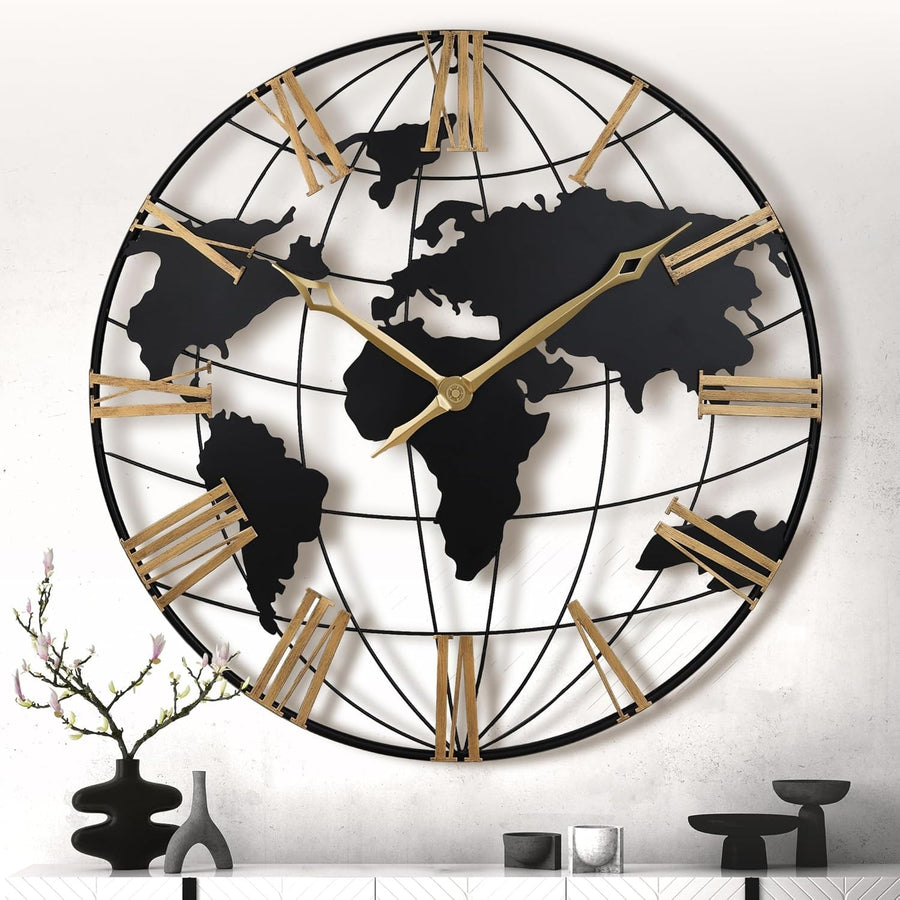 Oversized Silent World Map Wall Clock | Metal, Vintage Roman Numerals