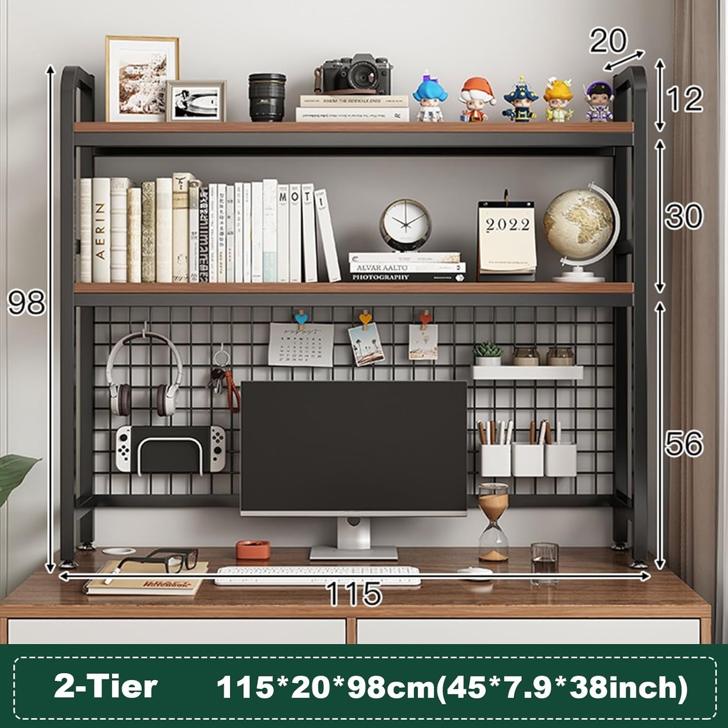 115cm 2-Tier Desktop Bookshelf Metal Wood Desk Hutch Organizer Storage Rack