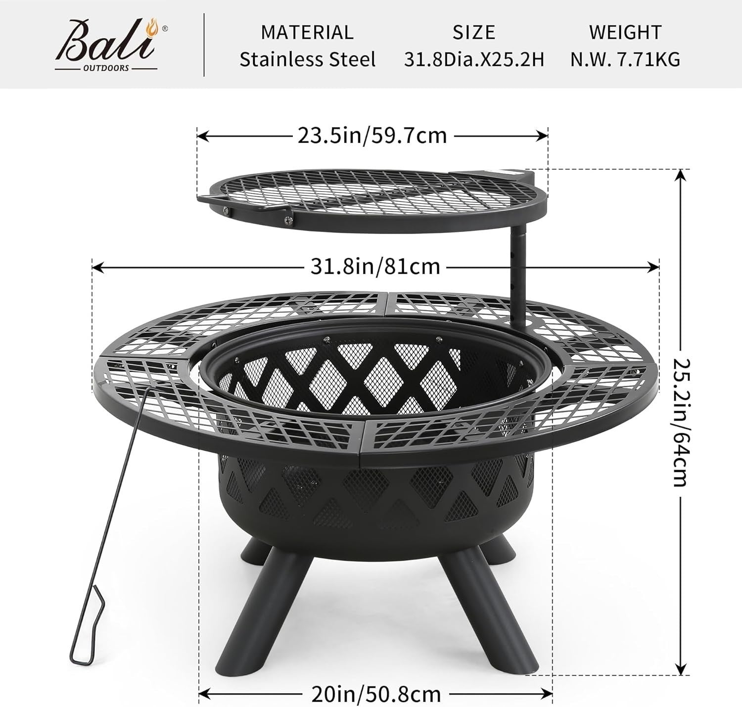 Outdoor Wood Burning Fire Pit with 360° Cooking Grill Large 32" Metal Bowl