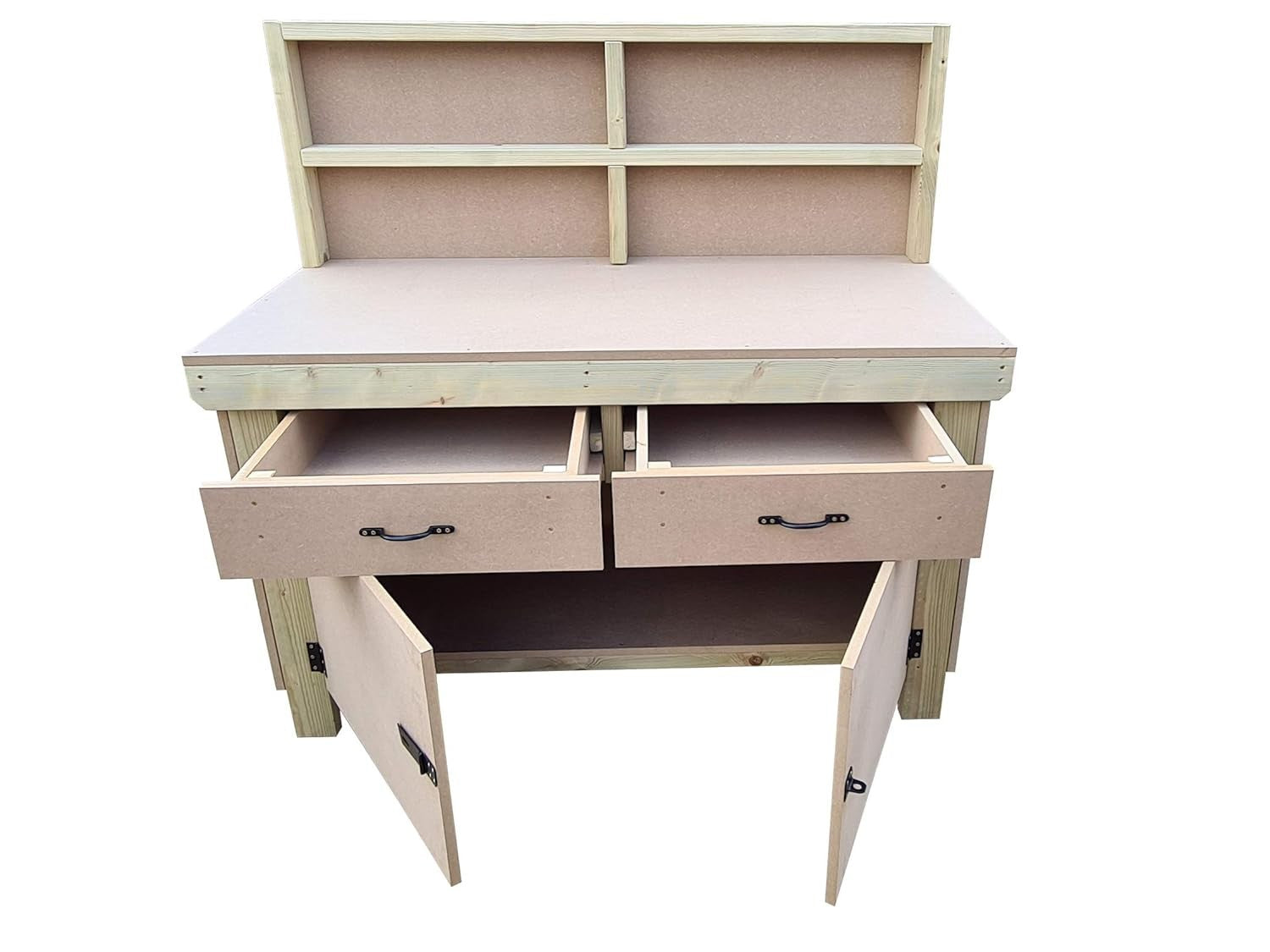 6ft Wooden Workbench with Drawers, Lockable Cupboard & Back Panel – 18mm MDF Top
