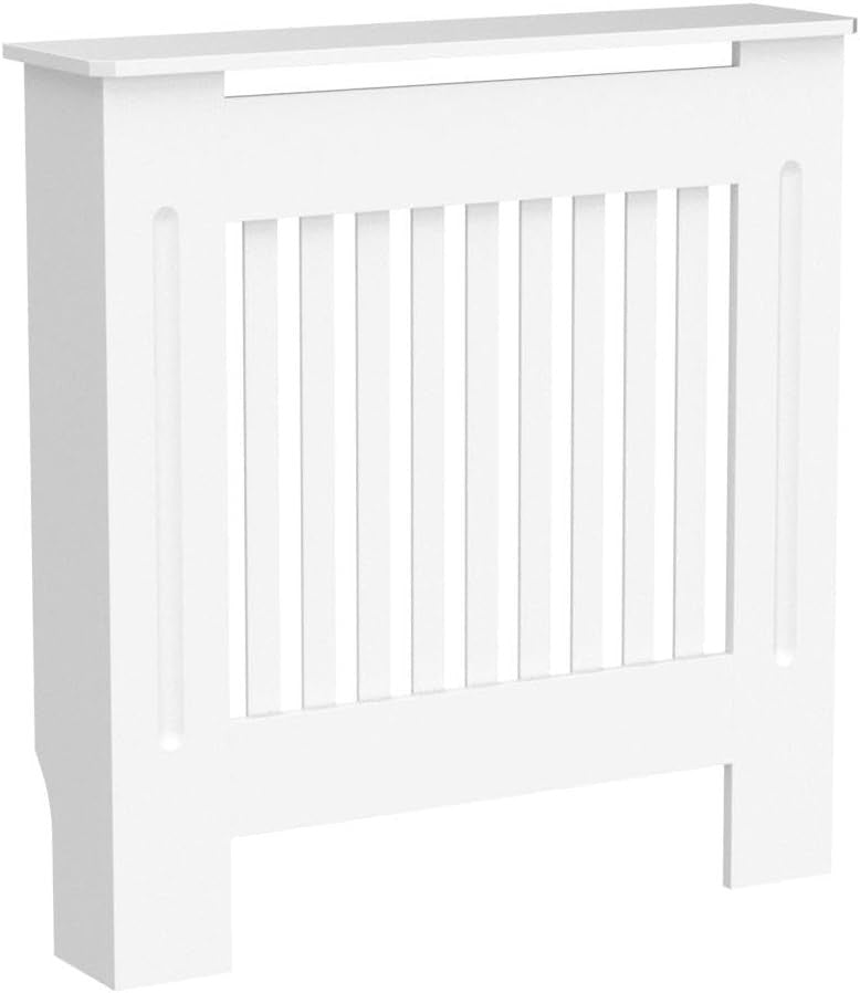 Small White Radiator Cover Cabinet with Modern Slats & Shelf
