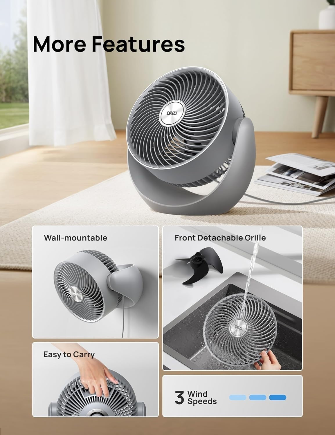 11 Inch Quiet Table Air Circulator Fan Grey 3-Speed Adjustable Tilt Room Cooling