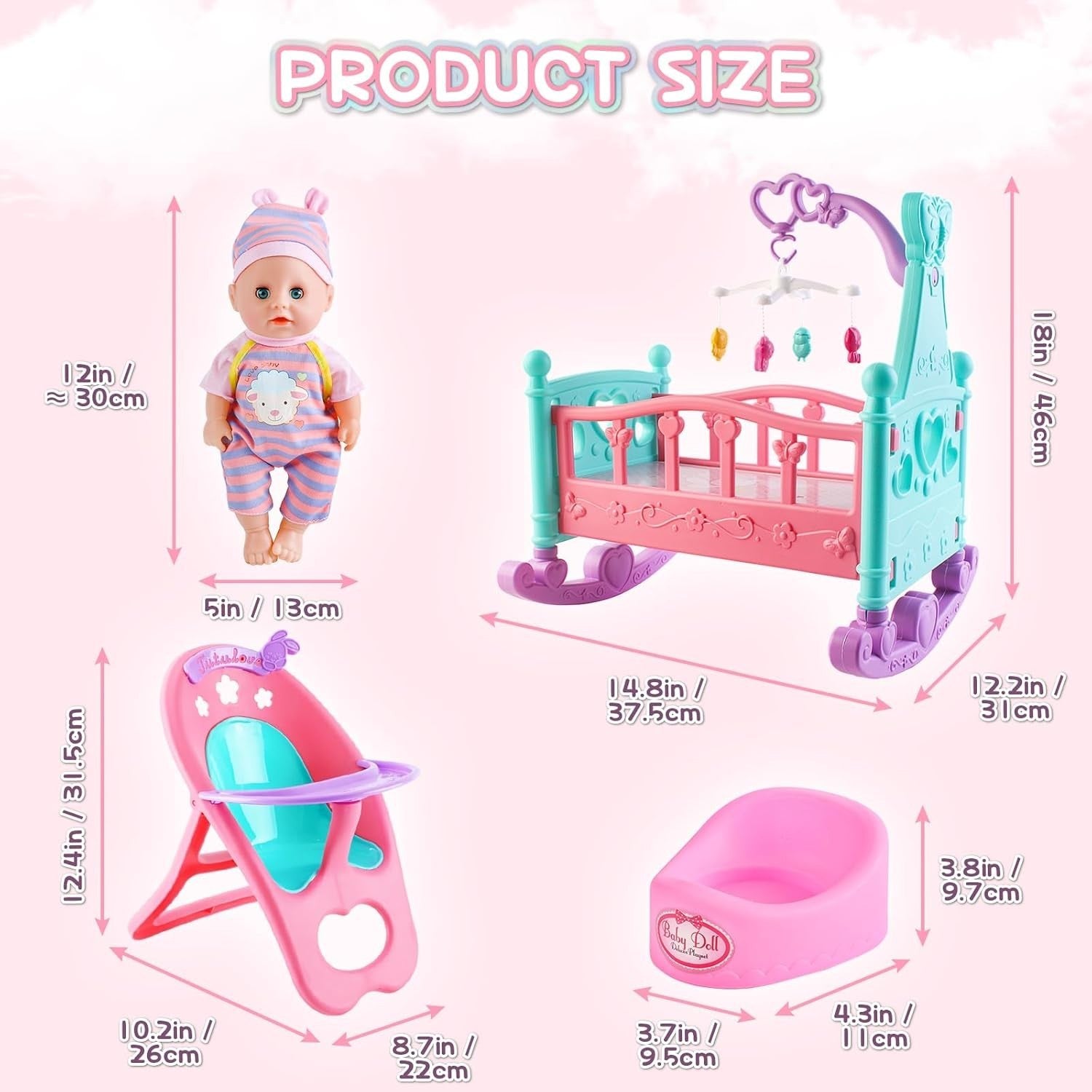 My First Baby Doll Playset w Crib High Chair Feeding Accessories
