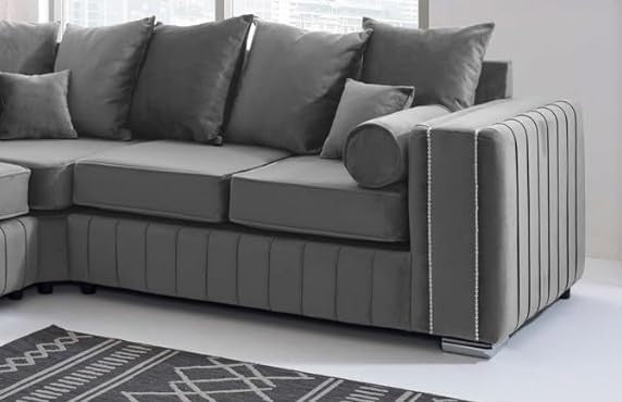 Grey Plush Velvet Corner Sofa 5 Seater 2C2 L-Shaped Couch with Chrome Legs