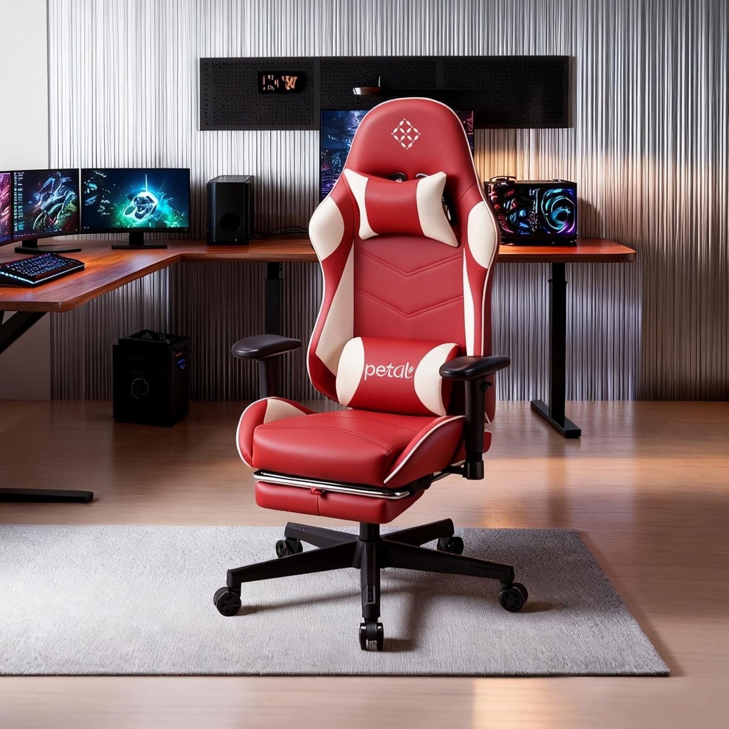Ergonomic Gaming Chair Recliner w Footrest Lumbar Support Red