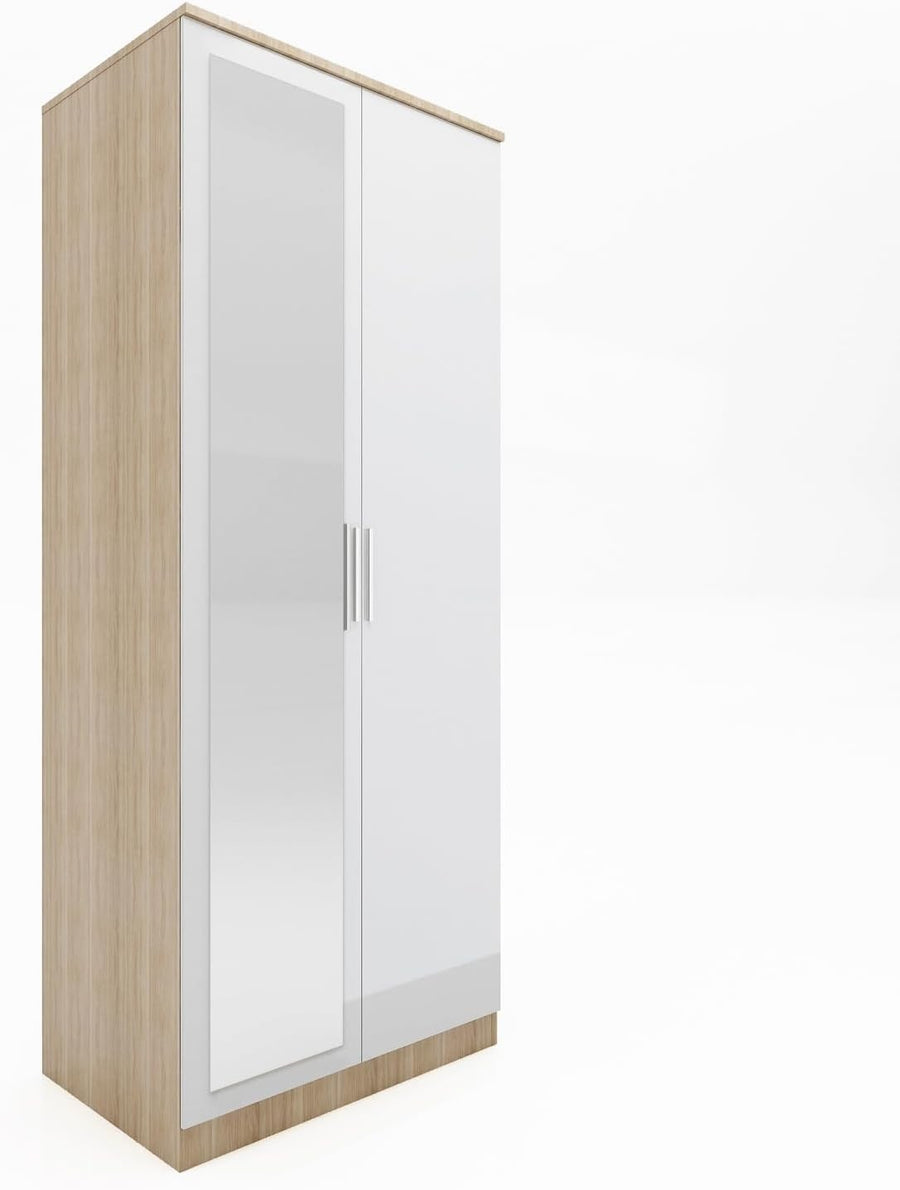 White Oak 2 Door Wardrobe with Full-Length Mirror Soft-Close Metal Handles