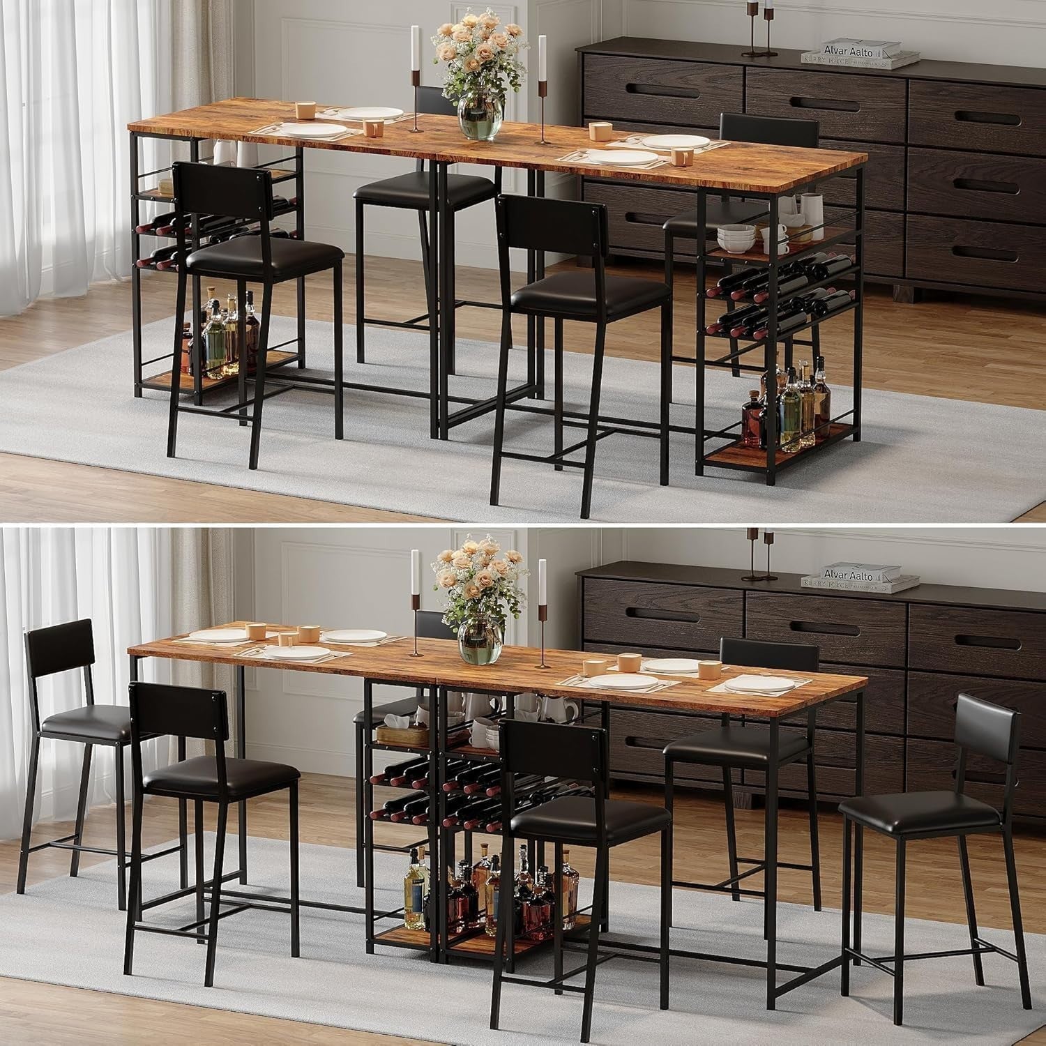 3-Piece Bar Table Set with Wine Racks and 2 Stools Metal Frame Dining Set