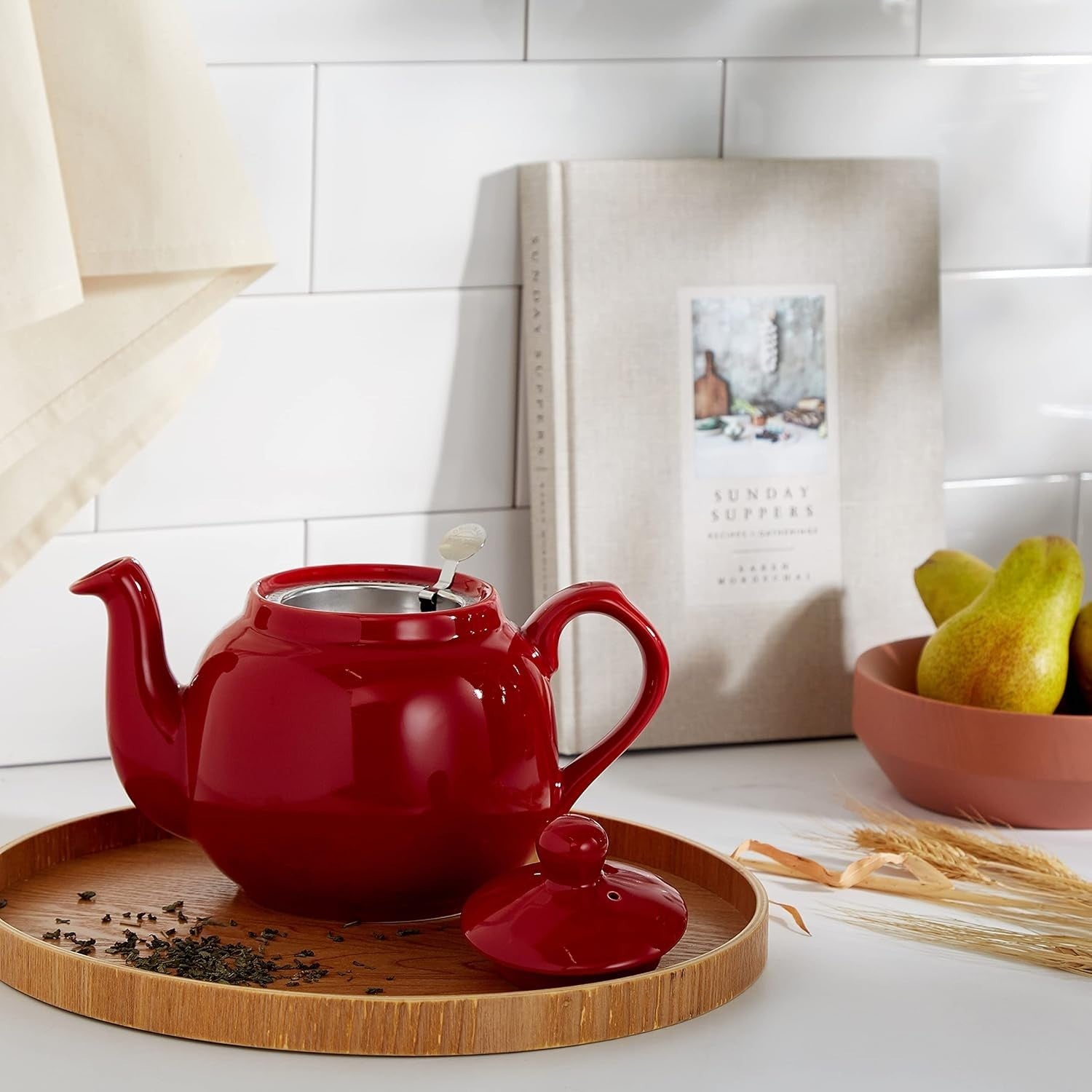 Ceramic Teapot with Infuser 1.2L Red Farmhouse Loose Leaf Tea Pot