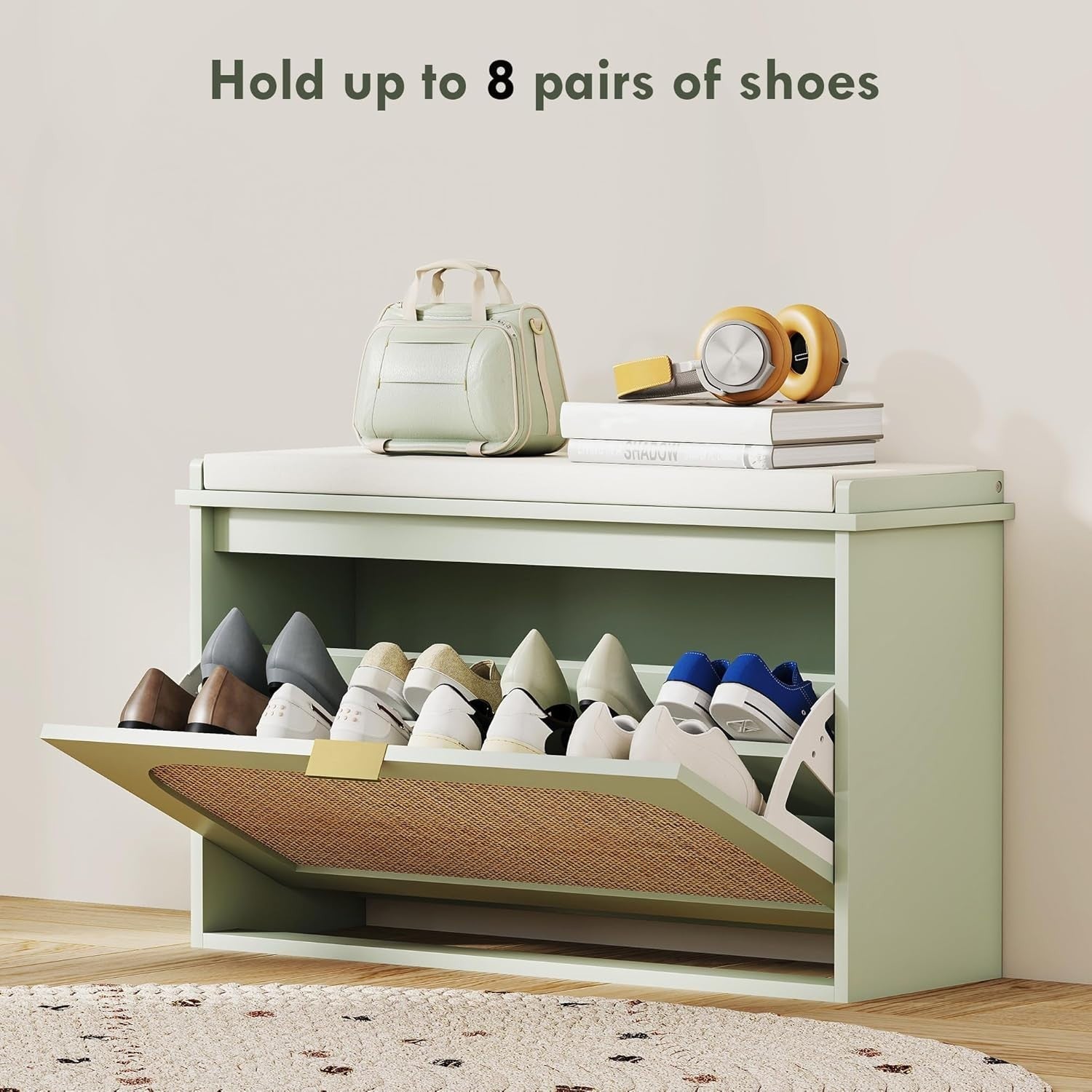 Compact Boho Shoe Bench with Padded Seat & Flip Drawer, Holds 8 Pairs