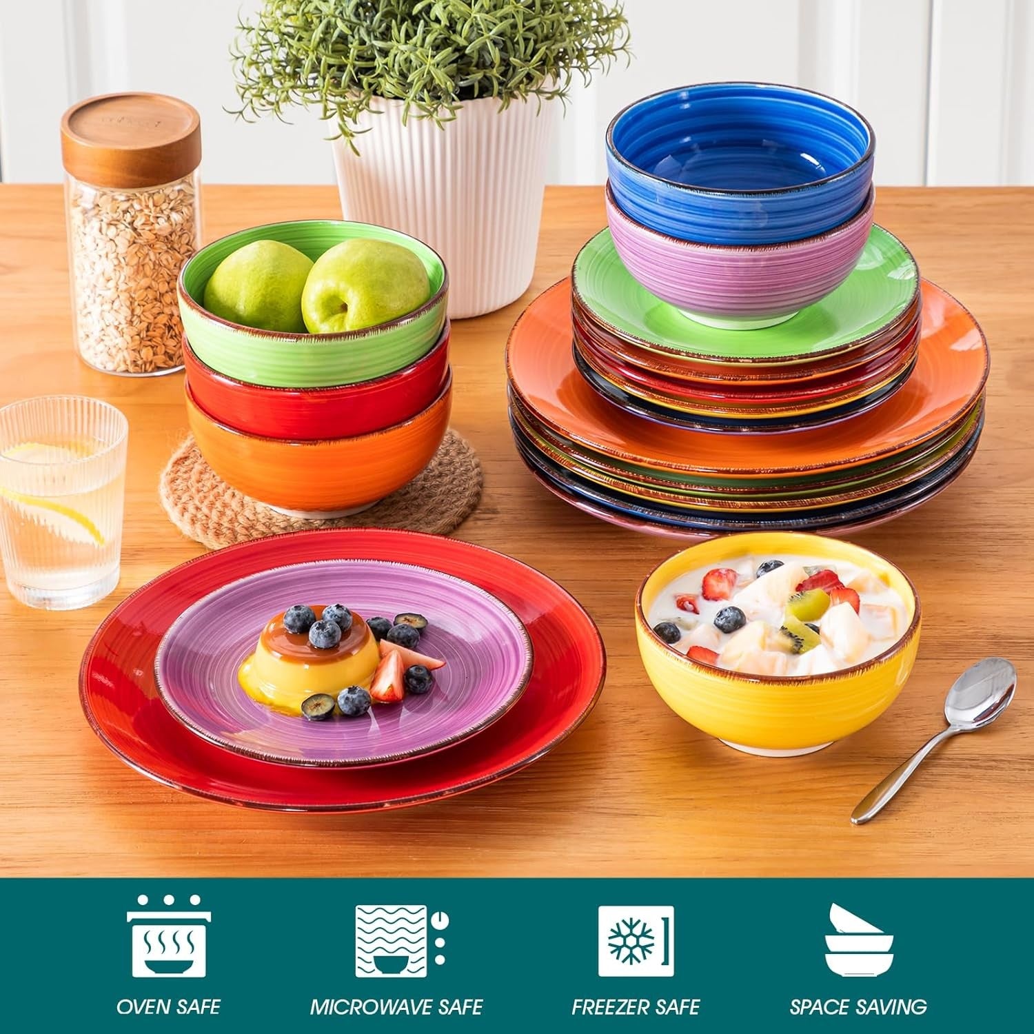 18pc Stoneware Dinner Set for 6 Multicolour Plates Bowls Hand Painted
