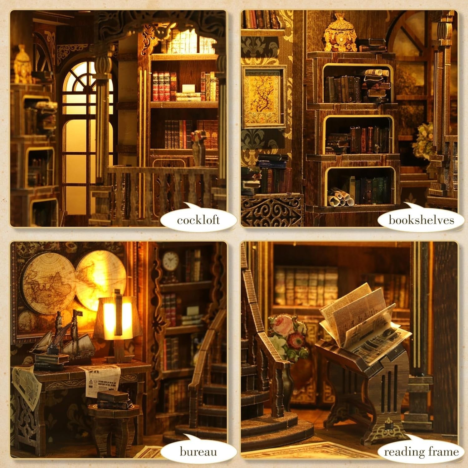 DIY Book Nook Kit with LED Lights – 3D Wooden Puzzle Shelf Insert Gift