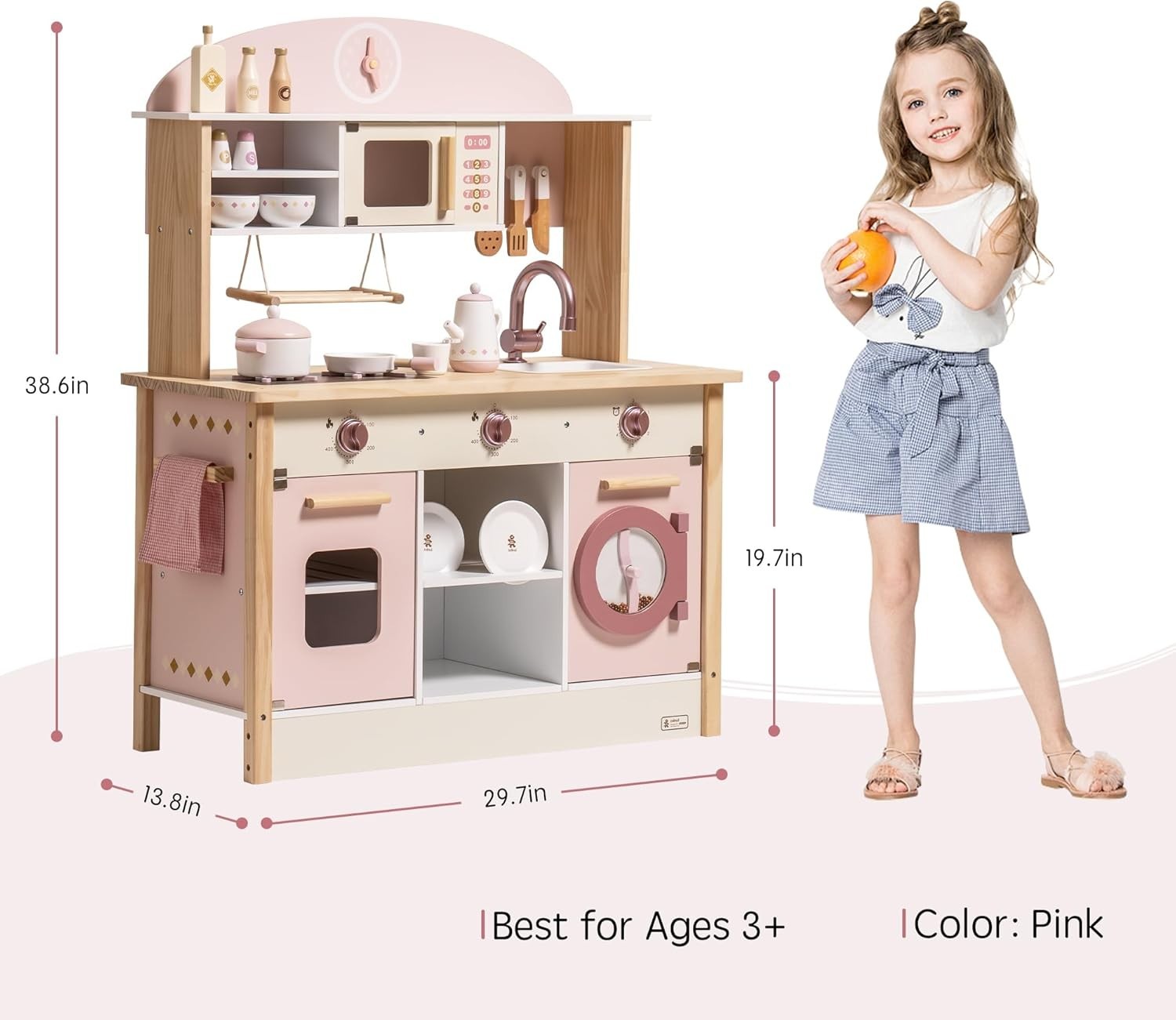 Wooden Kids Play Kitchen Pink w/ Accessories Oven Tea Set Toy