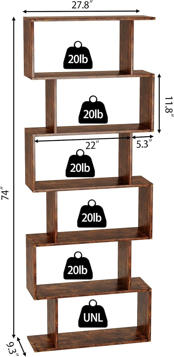 Tall Rustic Brown S-Shaped 6-Tier Bookshelf Modern Display Storage Unit Home