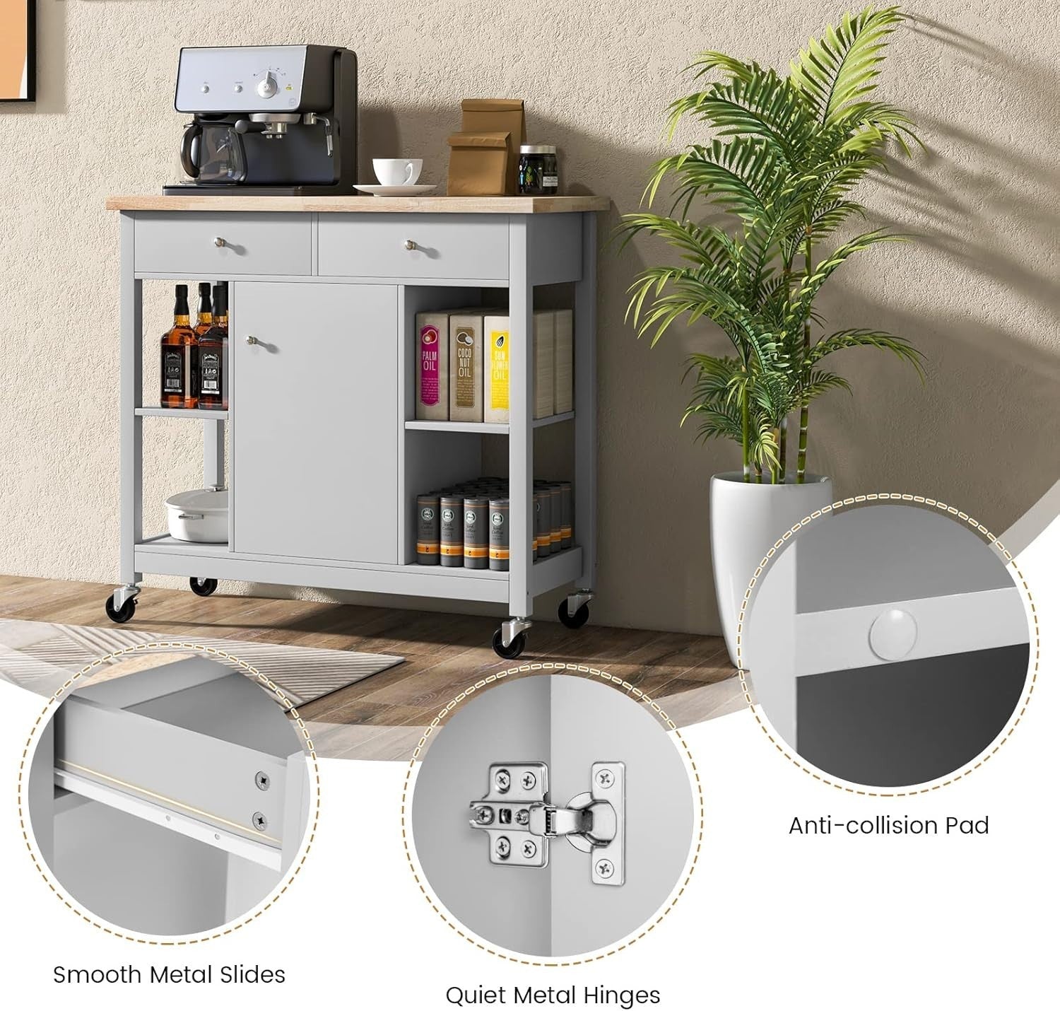 Kitchen Island Trolley with Drawers & Adjustable Shelves Grey 99x46x90cm
