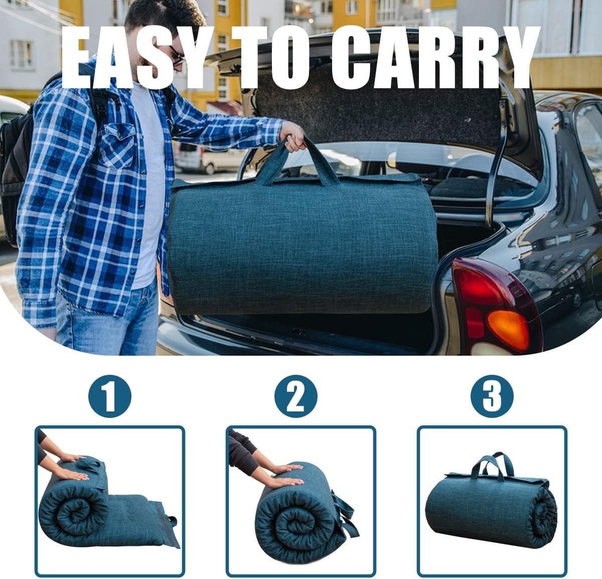 Portable Roll-Up Futon Mattress Foam Zipped Handle Bed Pad 190x71 Bluestone