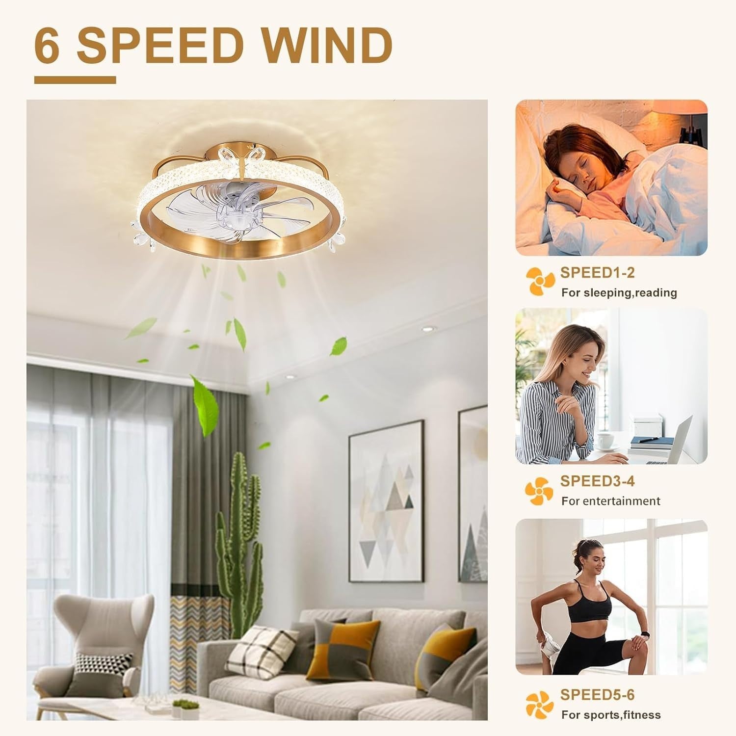 19" Gold Caged Ceiling Fan with Light, Crystal, Remote, 6-Speed