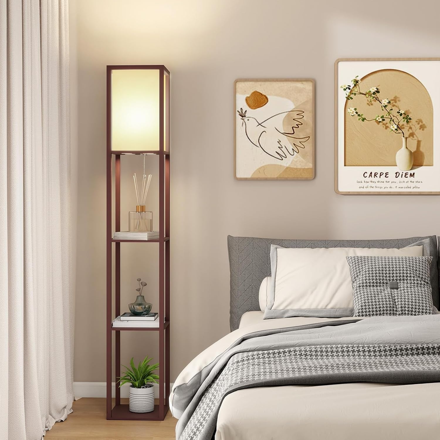 Floor Lamp with Shelves LED Bulb Included Wooden Storage Standing Light