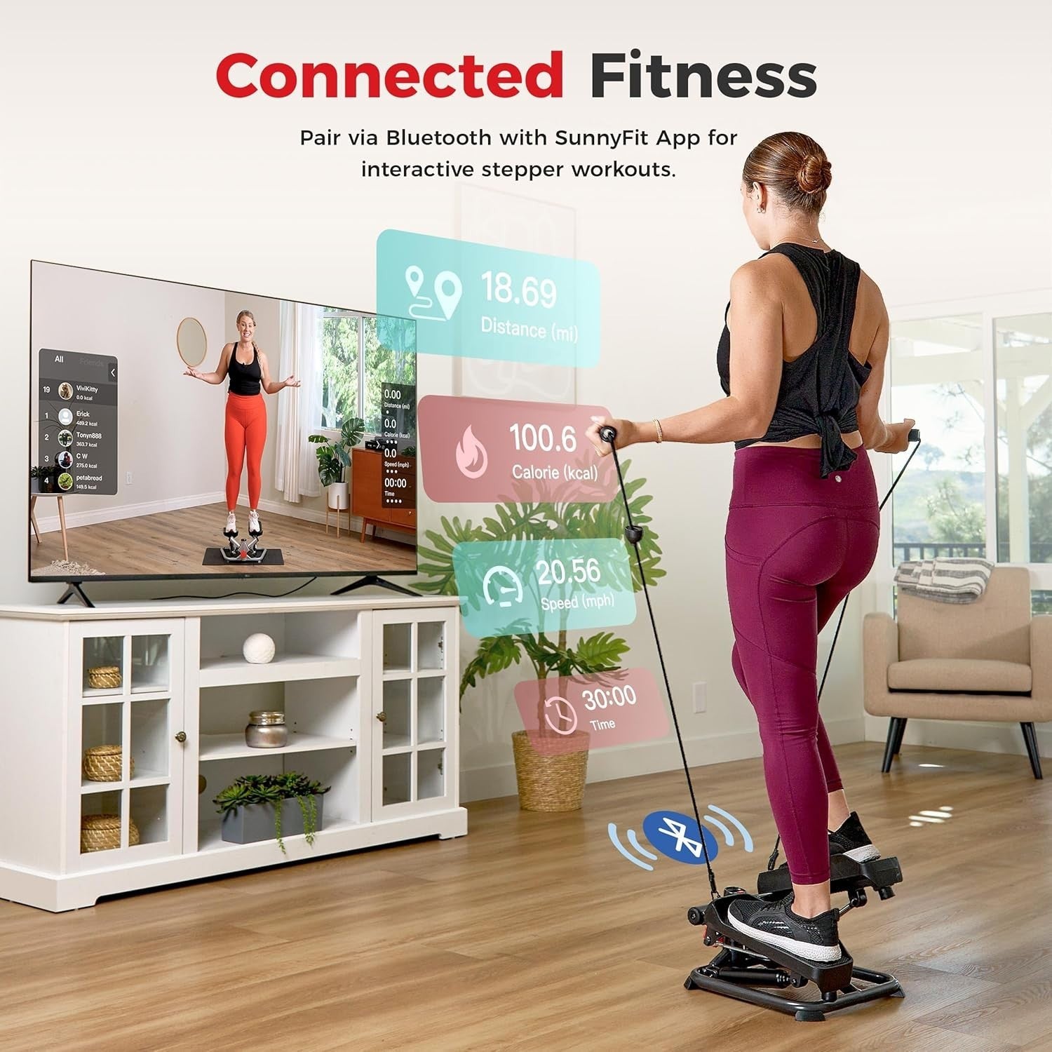 Smart Mini Stair Stepper for Home w/ LCD Monitor, Quiet Motion & Bands