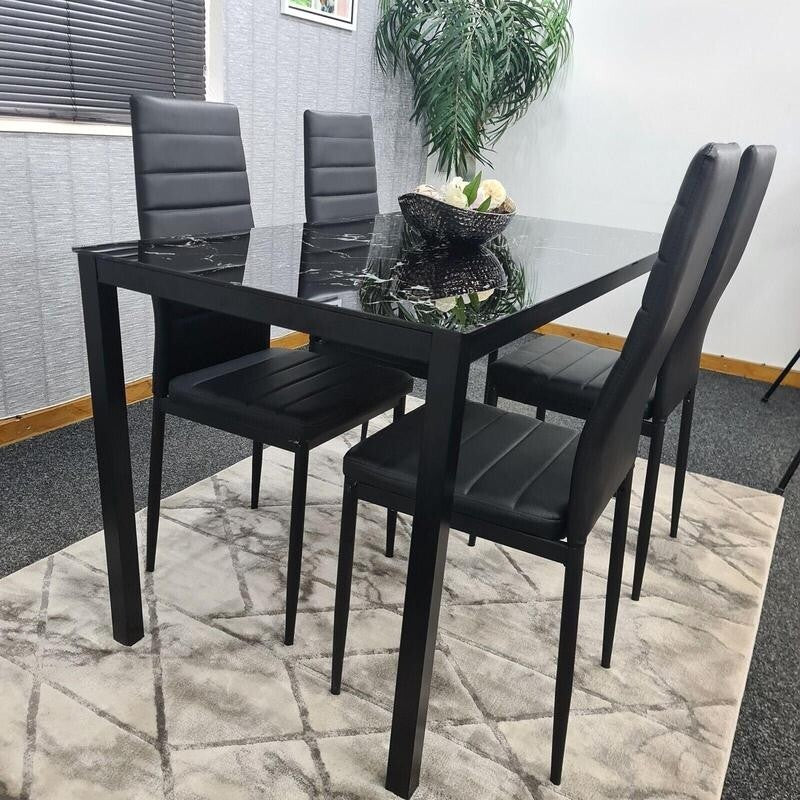 Black Glass Marble Dining Table Set with 4 Faux Leather Chairs Modern