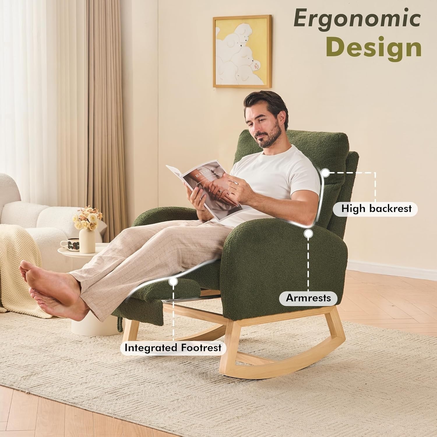 Rocking Chair with Footrest Teddy Fabric, Extra Wide Seat, Full Back Support