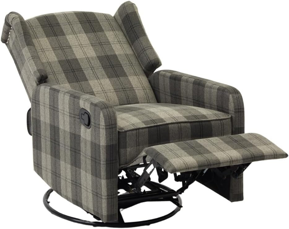 Grey Tartan Swivel Recliner Armchair Fabric Wing Back Chair Lounge Relax Seat