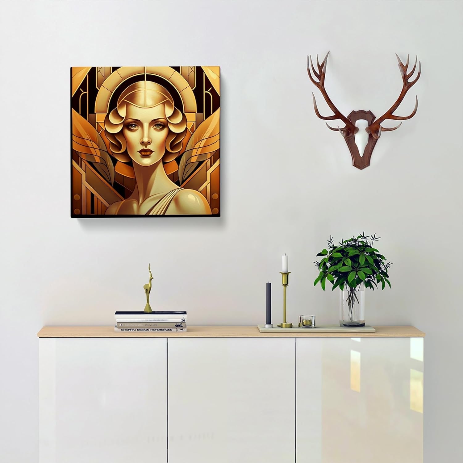 Art Deco Woman Canvas Wall Art 50x50cm Framed Gold