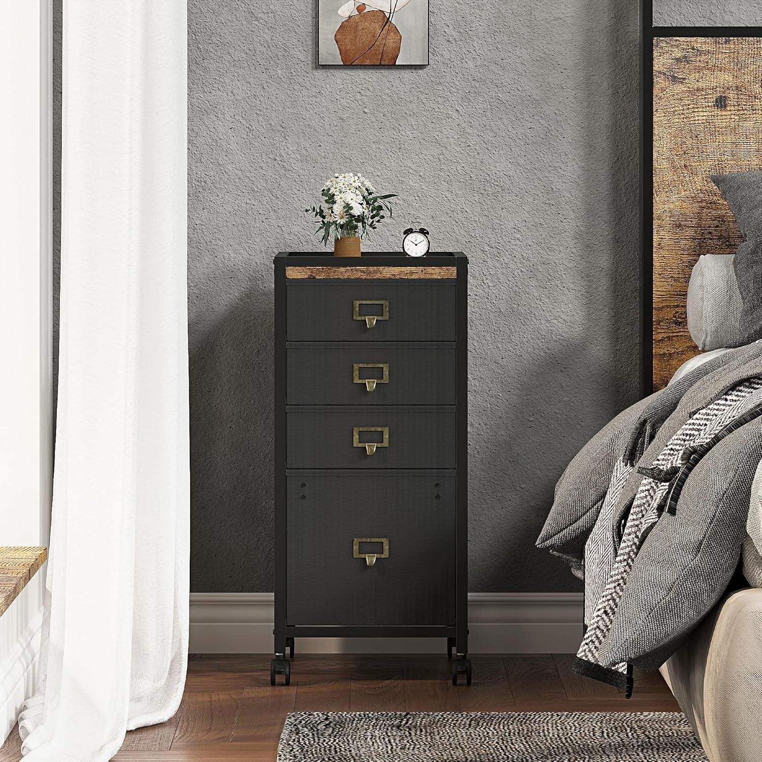 Retro Rolling File Cabinet 4 Drawer Under Desk A4 Letter Storage Black