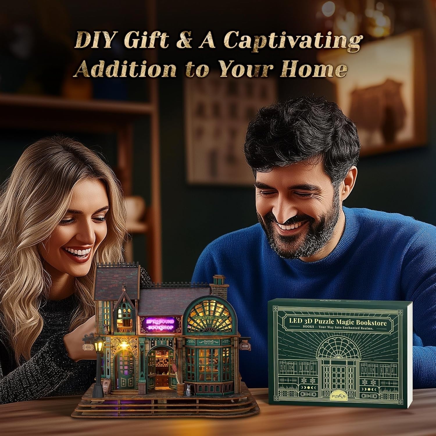 3D LED Wood Puzzle Bookshop Model with Lights, DIY Magical Decor Kit
