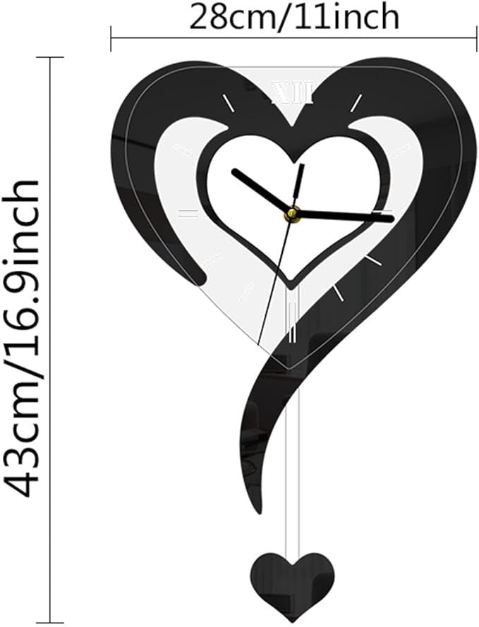 Black Heart Wall Clock Modern Silent Acrylic Hanging Décor for Bedroom Office