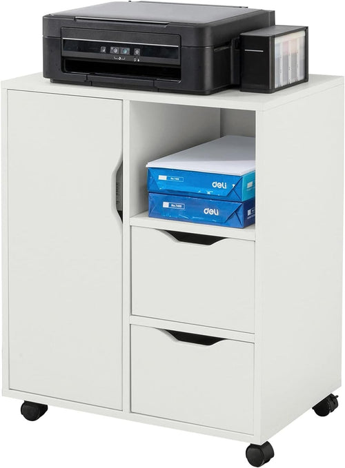 White Mobile Printer Cabinet 2 Drawer 1 Door Under Desk Storage