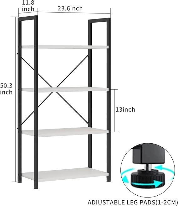 White Industrial 4-Tier Bookshelf Metal Frame Display Storage Shelving Unit