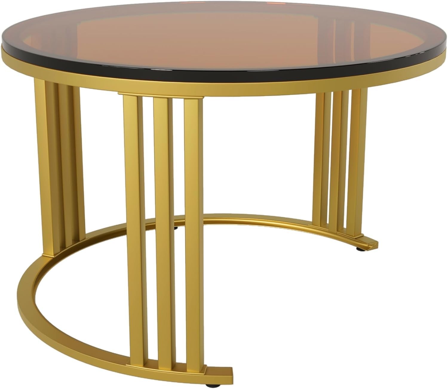 Round Nesting Coffee Table Set with 2 Drawers & Brown Glass Top – Space Saving