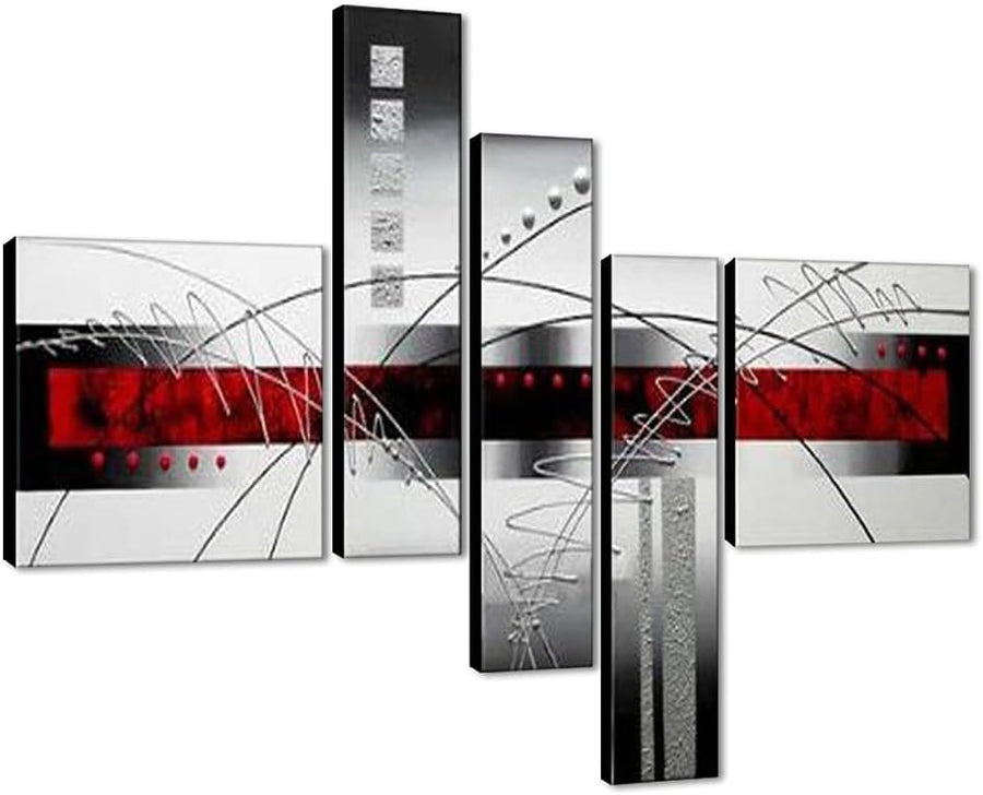 5 Panel Abstract Canvas Wall Art Red Black Modern Framed Set