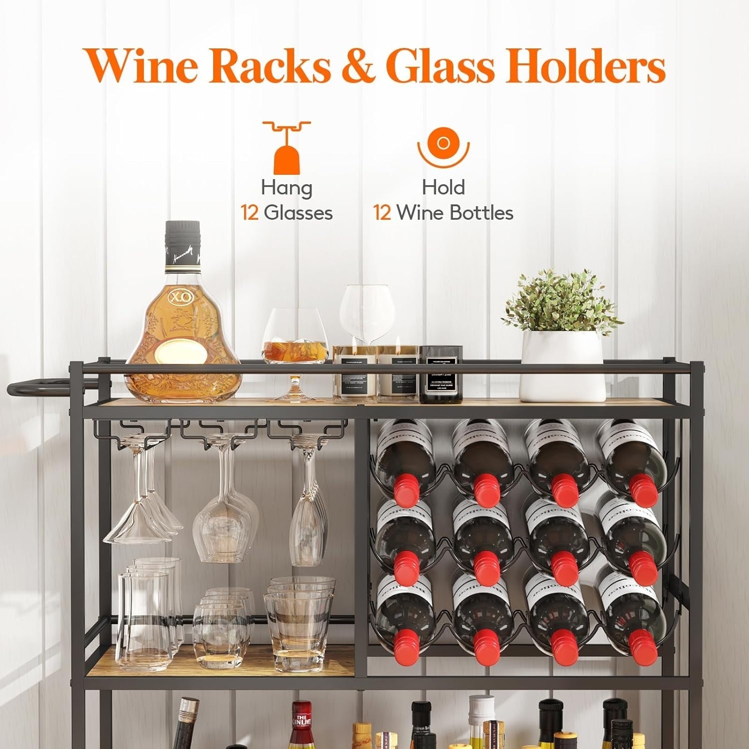 3 Tier Bar Cart Drinks Trolley with Wine Rack & Glass Holder Rustic Serving Unit