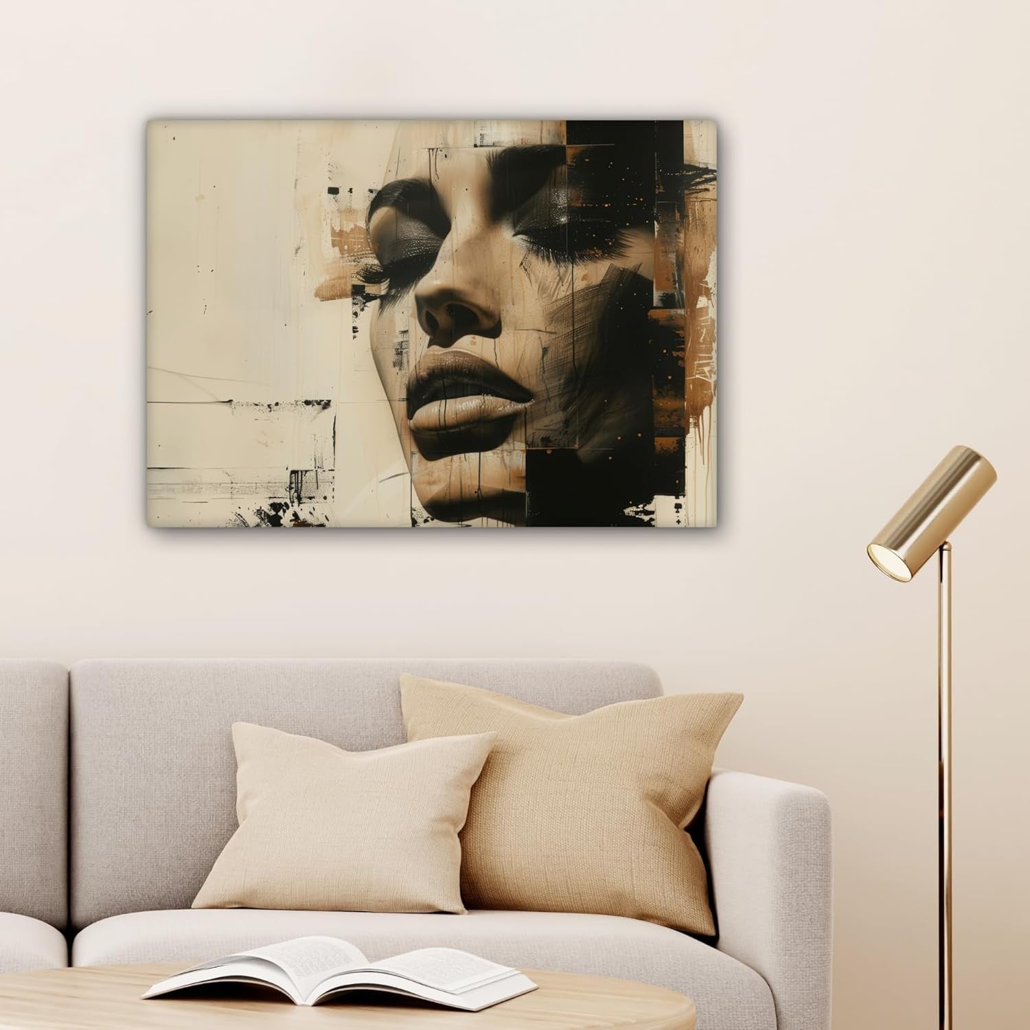 Abstract Woman Canvas Wall Art Modern Beige Face Print 80x60cm Home Decor