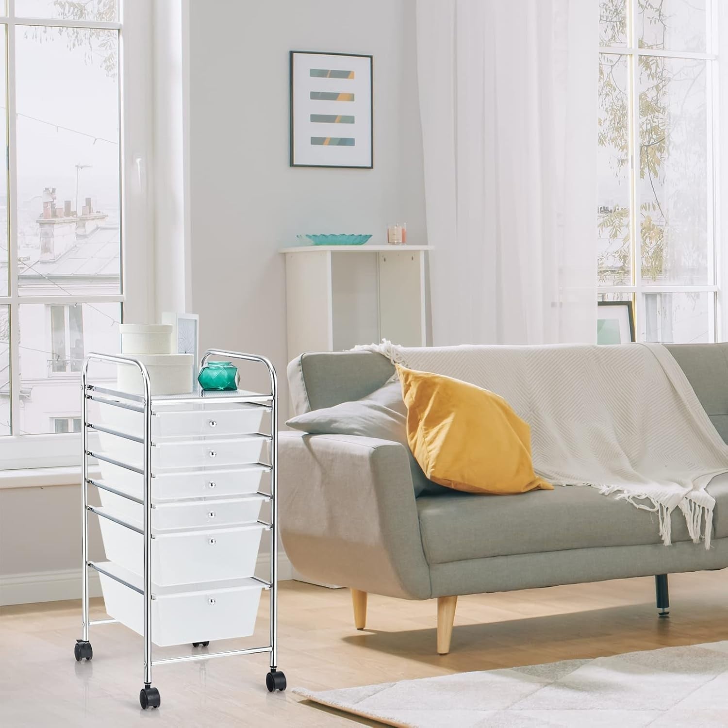 Clear 6 Drawer Rolling Storage Cart Mobile Utility Organizer with Wheels