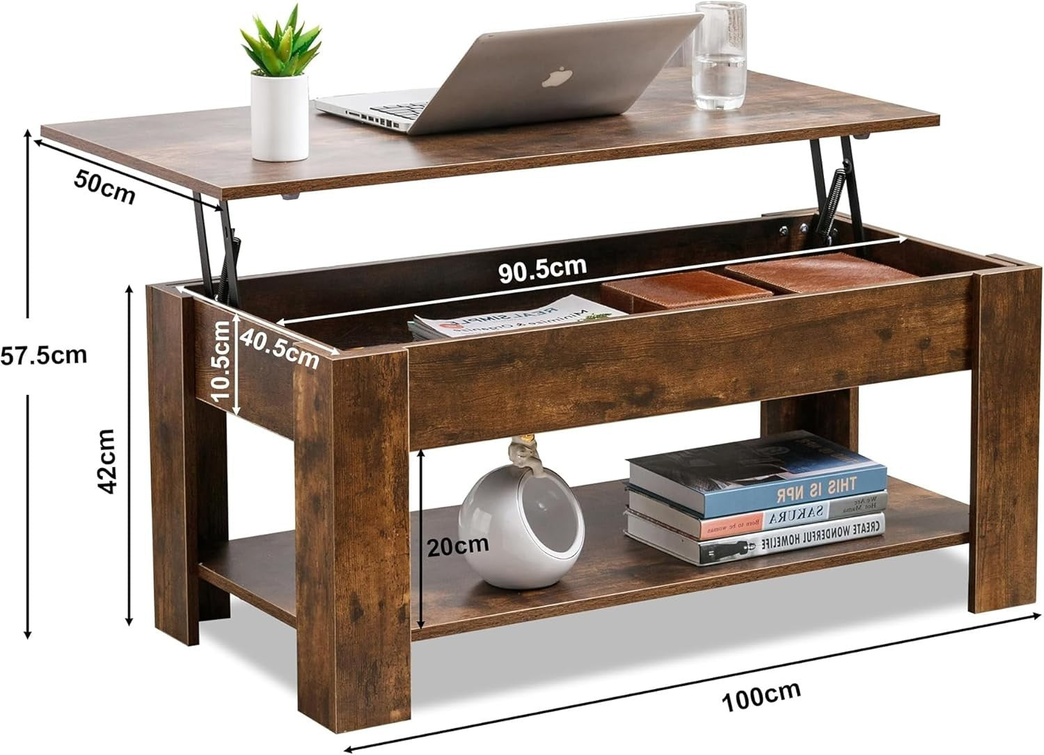 Lift Top Coffee Table with Storage Rustic Brown, Large Hidden Compartment 100x50